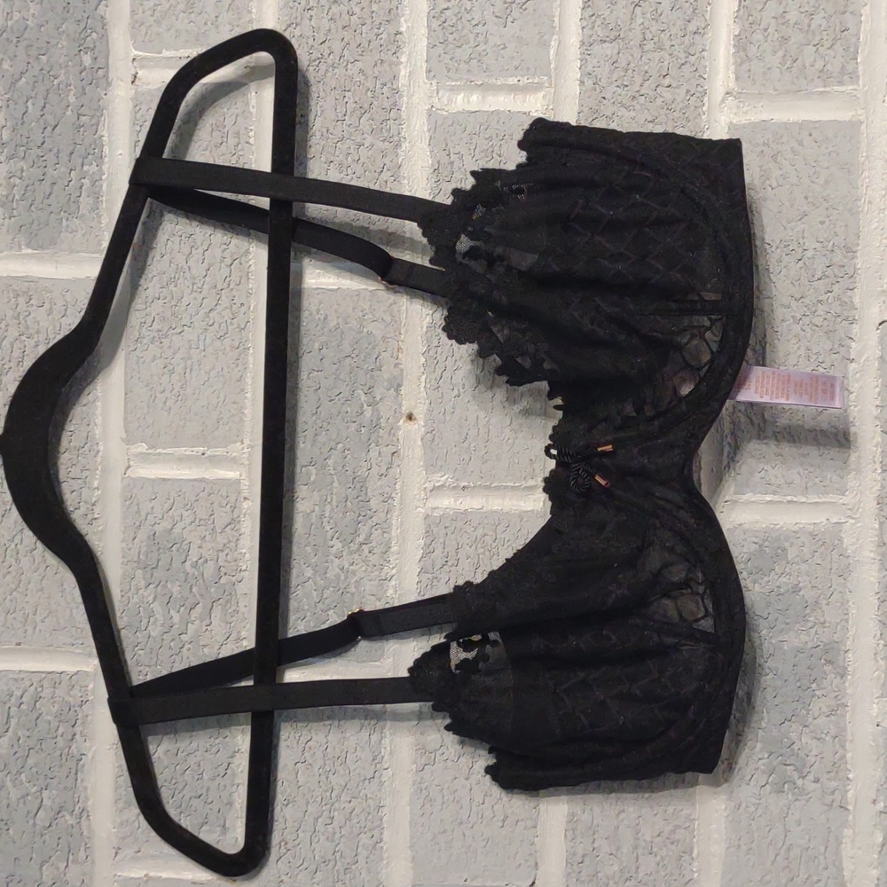 Savage X Fenty Black Sheer Floral Embroidered Lace Trim Balconette Bra 34DDD